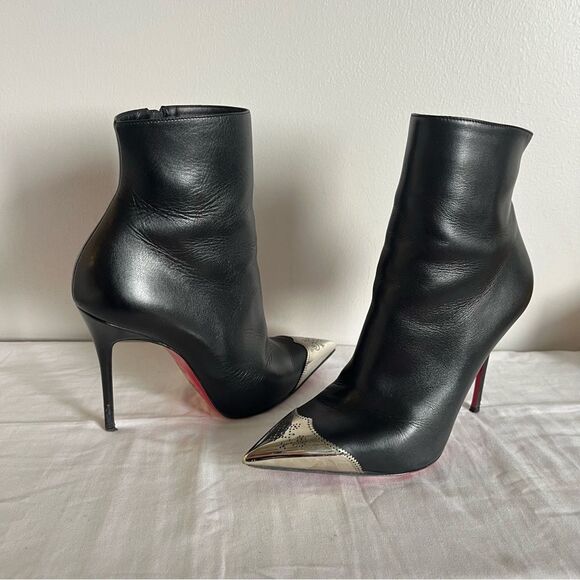 CHRISTIAN LOUBOUTIN Black Metal Toe Ankle Booties Calamijane 100mm Wingtip sz 37 - Picture 10 of 13